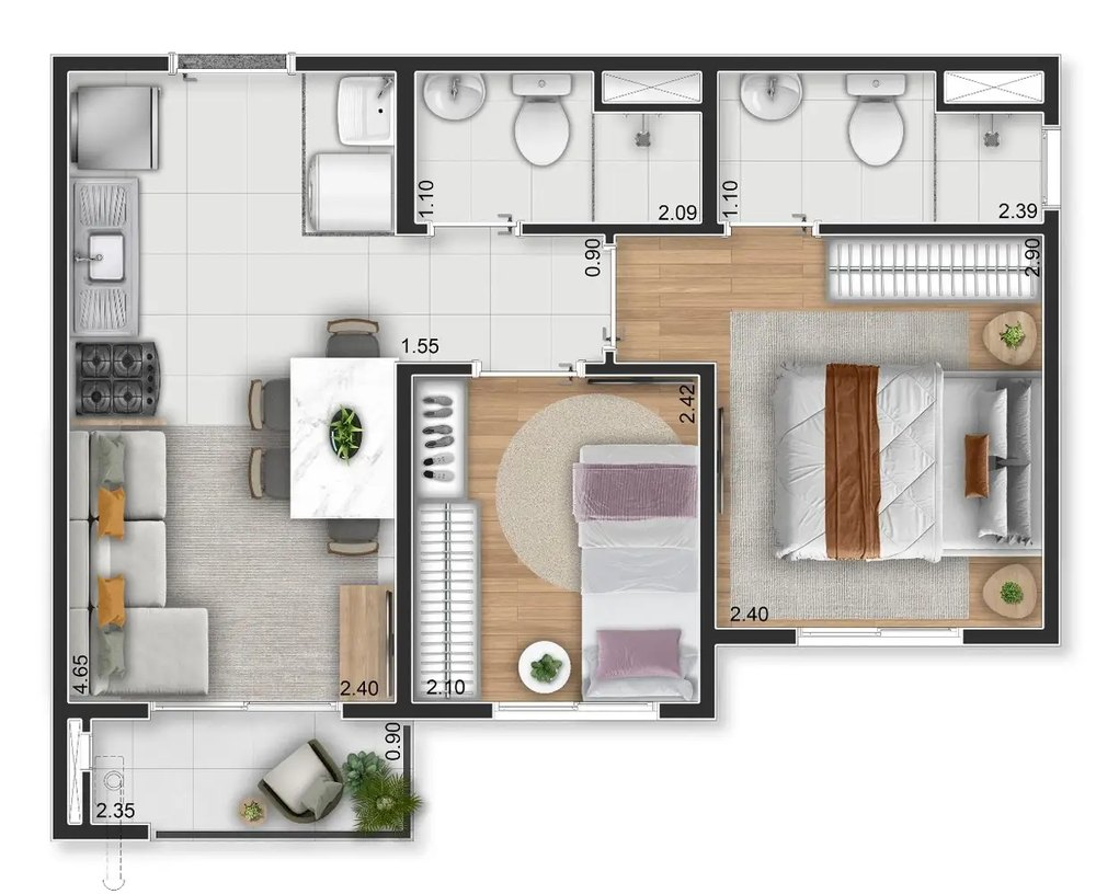 Planta ilustrativa de 37 m² · 2 dorms + suíte